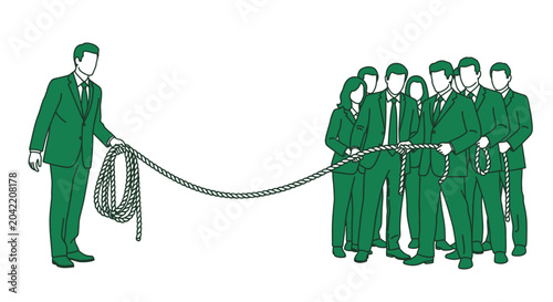Manager Leading Remote Team in Tug-of-War Metaphor for Business Challenges and Collaboration