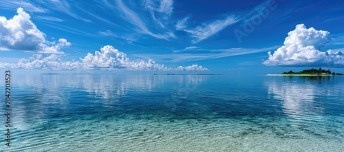 Serene turquoise waters meet a vast blue sky with fluffy clouds, reflecting calm © Emil