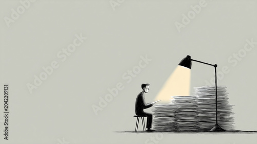 Financial Officer Reviewing Long Spreadsheets Beside Stacks of Invoices and Receipts Under Desk Lamp, Black and White Ink Illustration

