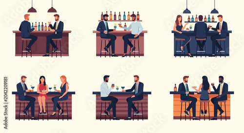 Group of diverse people socializing and drinking at a bar counter depicts nightlife and social gatherings in a flat vector style.