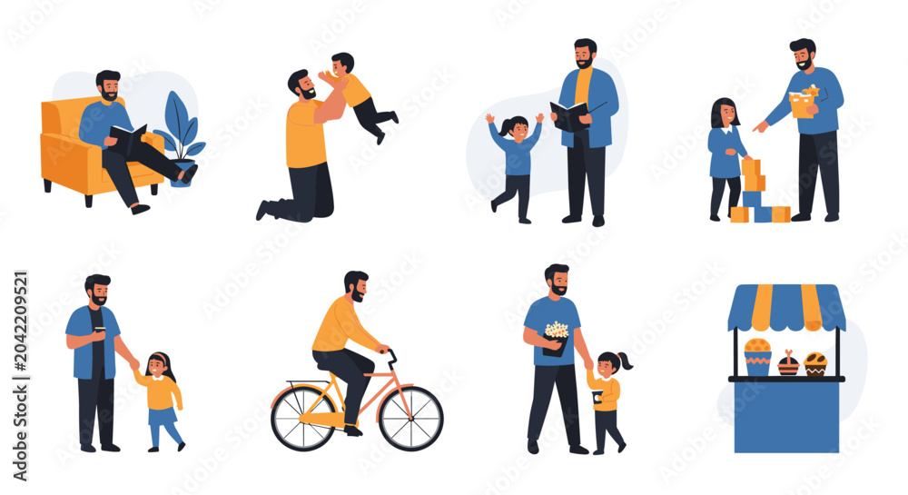 Fototapeta premium Collection of flat vector illustrations showcasing various bonding moments between a father and his young daughter in daily life.