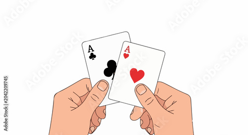 Two hands hold ace of clubs and ace of hearts playing cards