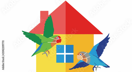 Two masked parrots fly past a simple house with a blue window