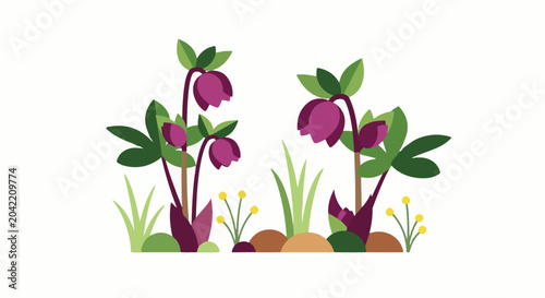 Two stylized plants with purple bell-shaped flowers and green leaves
