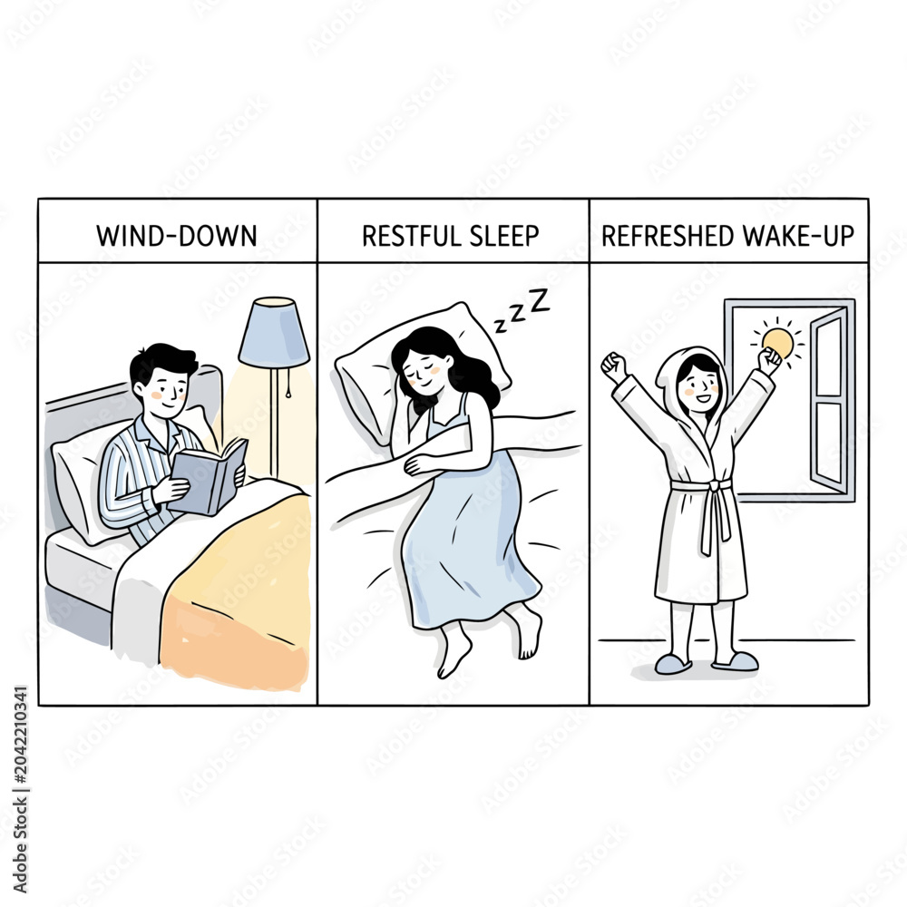Obraz premium Bedtime routine and sleep hygiene concepts vector illustration.