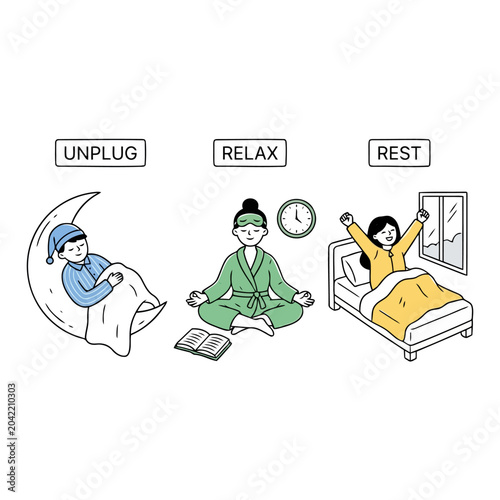 Obraz na płótnie Sleep wellness icons unplug relax and rest concept.
