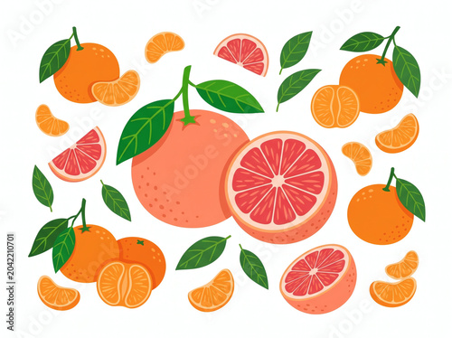 Of Citrus Fruits With Grapefruit, Oranges, And Leaves