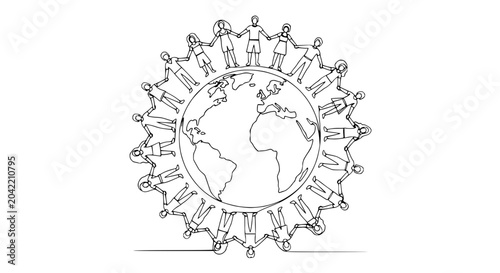 Quadro su tela Diverse People Holding Hands Around Planet Earth - Unity and Global Connection