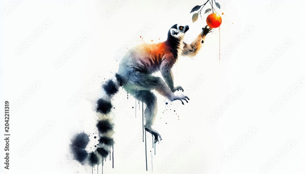 Fototapeta premium Watercolor Depiction of Archaeoindris Reaching for Fruit in a Subtle Artistic Style