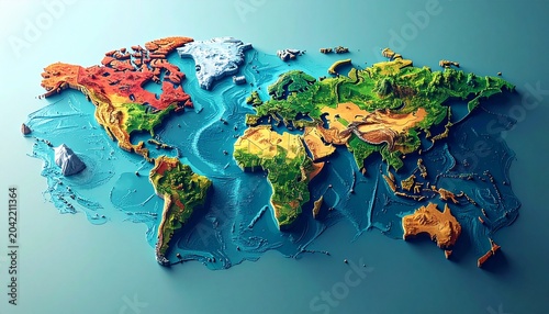 Detailed topographical world map with vibrant colors and textured surface.