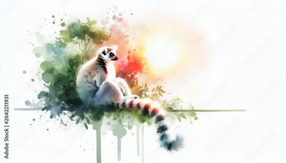 Fototapeta premium Watercolor illustration of a ring-tailed lemur in a sun-drenched rainforest canopy