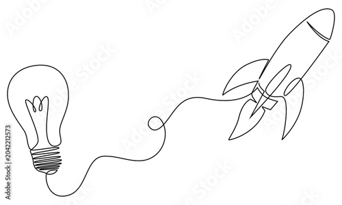 Continuous single line sketch drawing of light bulb and rocket.symbol of startup success eps 10