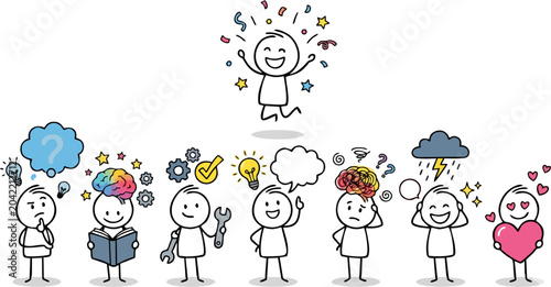Foto Diverse Stick Figures with Different Emotions and Mindsets — Creative Thinking,