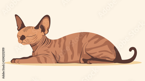 A stylized domestic short-haired cat lying relaxed with stripes, closed eyes, flared ears, and a curled tail on a plain background