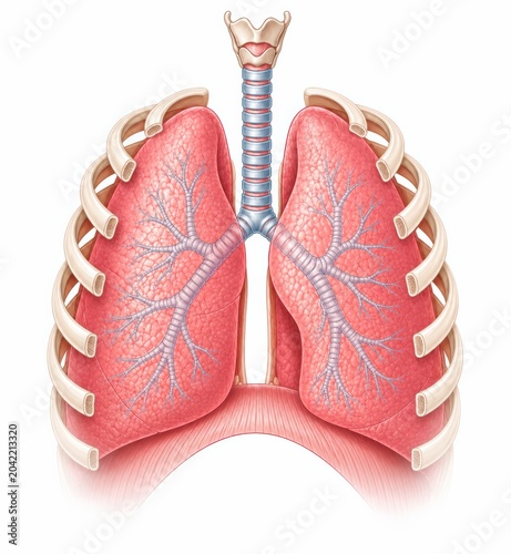 Human lungs anatomy with rib cage and bronchial tree