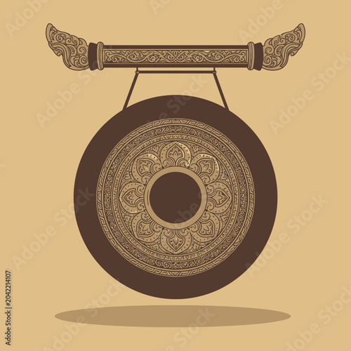 Detailed ornate gong hanging with decorative carvings