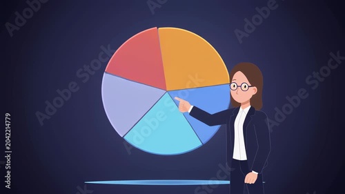 Woman in suit points at colorful pie chart on dark blue background