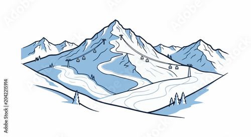 Stylized illustration of snowy mountains with ski slopes and cable cars