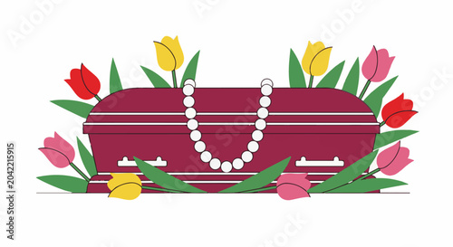 A burgundy coffin with a pearl necklace and tulips is depicted