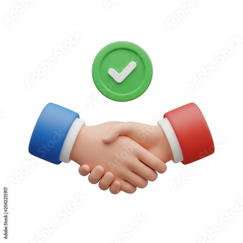 3d illustration of a handshake with a green check mark isolated on transparent background