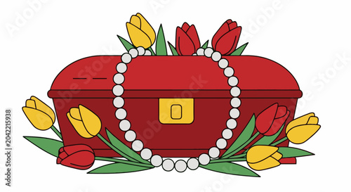 A red treasure chest adorned with a pearl necklace and vibrant tulips
