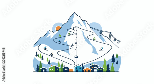 A stylized ski resort scene with skiers, a mountain, and chalets