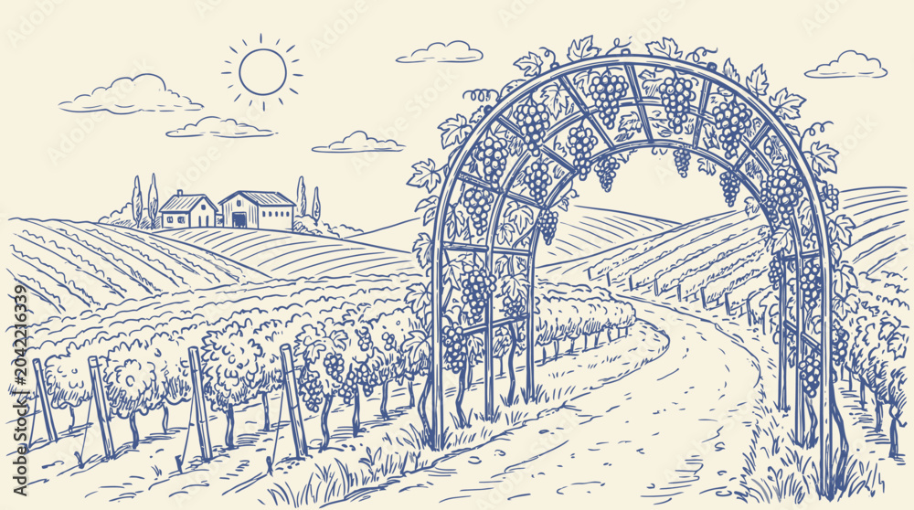 Fototapeta premium Artistic Vineyard Landscape Sketch Featuring Traditional Grape Arch and Scenic Winery Vista in Hand-Drawn Vector Illustration Style Capturing Rustic Rural Viticulture Charm