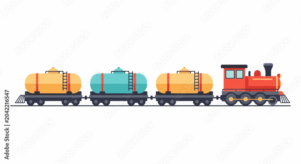Fototapeta premium Red engine pulls a train with yellow and blue tanks on white background