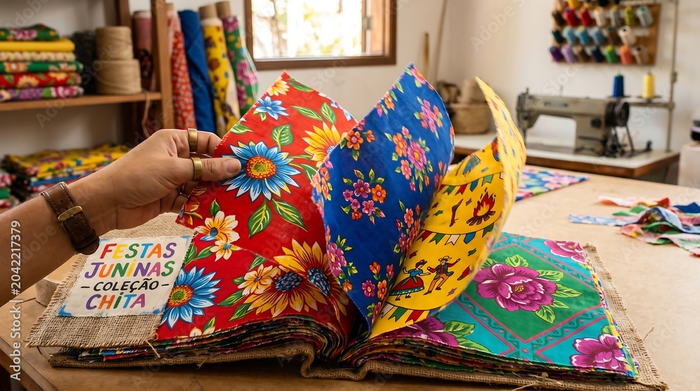 Naklejka premium A person holding up a colorful floral fabric in a sewing workshop with various materials and equipment.