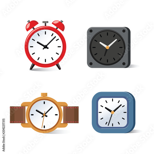 Collection of Classic and Modern Clocks Featuring Alarm, Desk, and Wristwatch