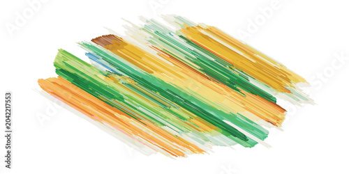 Abstract brush strokes of green orange and yellow paint on a white background.