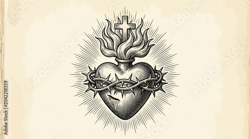 Vintage woodcut engraving of a sacred flaming heart surrounded by sharp thorns, a symbolic icon of religious devotion and divine love, rendered in a classic etched illustration style.