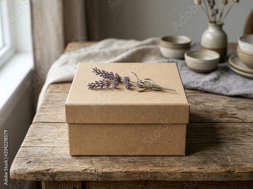 Minimalist Kraft Cardboard Gift Box with Dried Lavender on Rustic Wooden Table