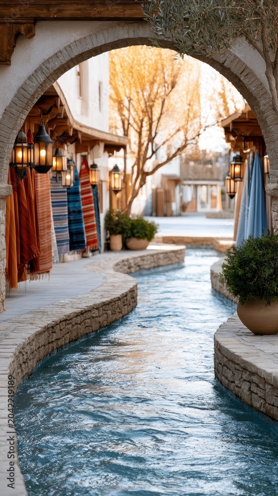 Fototapeta premium Historic market alley with stone pavement and archway