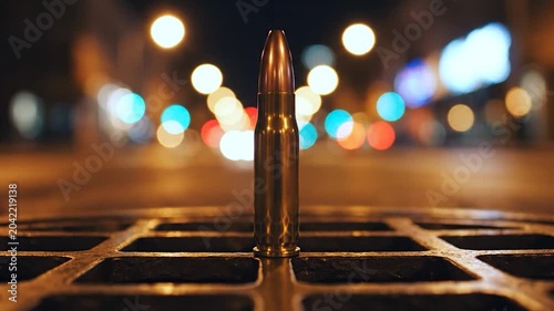 Single rifle bullet standing upright on a metal sewer grate on a city street at night with blurred city lights
