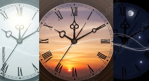 Three clock faces depict morning, sunset, and night, symbolizing passing time