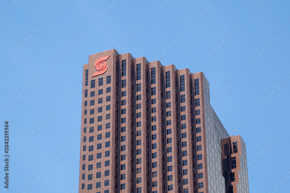 Fototapeta premium Toronto, Canada - October 6, 2025: Scotiabank headquarters building in Scotiabank North Tower on Temperance Street in Toronto, Canada. Scotiabank relocated its global head office from Scotia Plaza to 