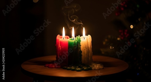Three colored candles burning, dripping wax on a dark background with bokeh lights