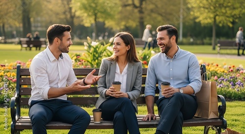 Three colleagues share coffee and conversation on a sunny park bench