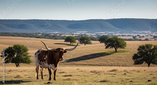 Majestic Longhorn Cow Standing in Arid Rural Landscape.