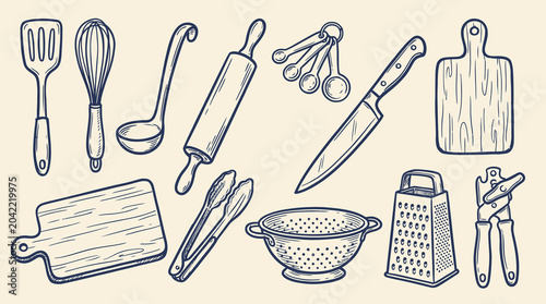 Kitchen utensil doodle icon set collection featuring cooking tool, pan, pot, and spatula element for culinary recipe design, gastronomic hand drawn vector illustration, and menu layout.
