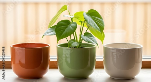 Three colorful ceramic pots, one with a vibrant green plant, on a windowsill