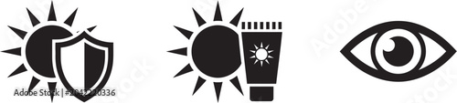Fotografija Black sun protection icons set featuring UV shield, sunscreen tube, and human ey