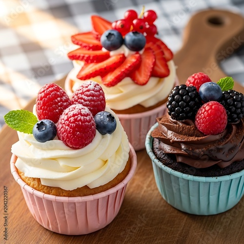 Three colorful cupcakes topped with creamy frosting and fresh berries