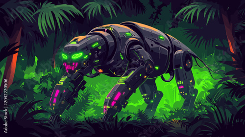 An armored quadruped robot stalks neon jungle with glowing eyes watching unseen