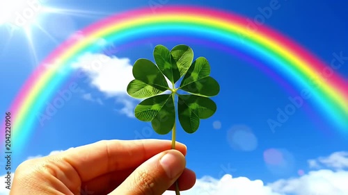 Delicate four-leaf clover held gently toward a vivid sky with a rainbow