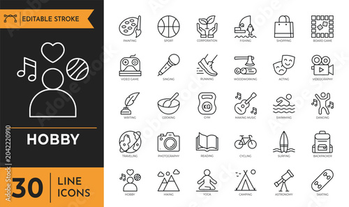 Fotografía Hobby outline icon set. Editable stroke. Vector illustration