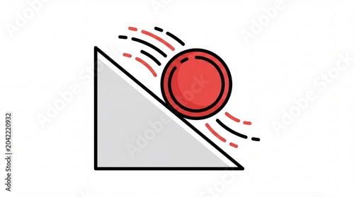Red circular object rolling down a grey triangular inclined plane isolated on white background