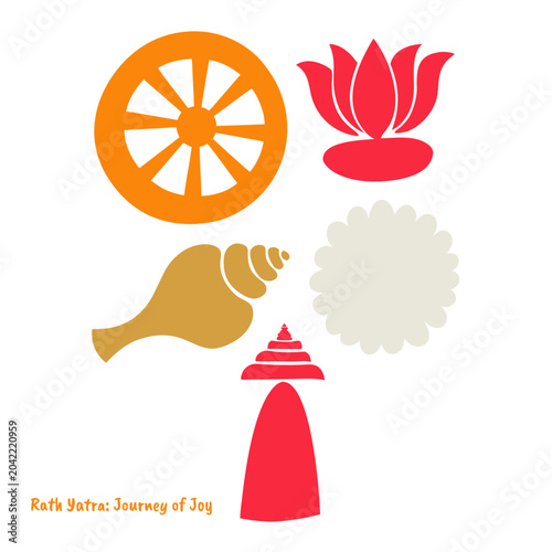 Canvas Print Flat vector Rath Yatra illustration: devotional flags, lotus flowers, gold accen