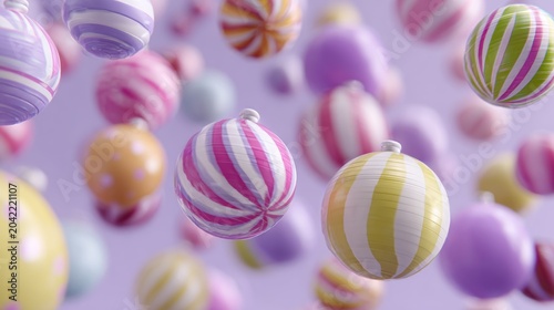 Numerous colorful spherical decorations featuring striped and dotted patterns float in a soft purple space